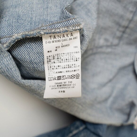 TANAKA Denim Work Jacket No Collar Raw Hem Zip Blue Mid Washed Unisex - Picture 13 of 13